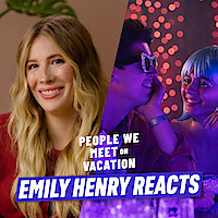 Emily Henry in a red jacket sharing the screen with Tom Blythe and Emily Bader