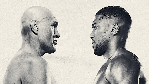 Two muscular male boxers facing each other, close-up, shirtless, intense expressions, neutral background, monochrome style, suggesting a tense pre-fight stare down or promotional photo.