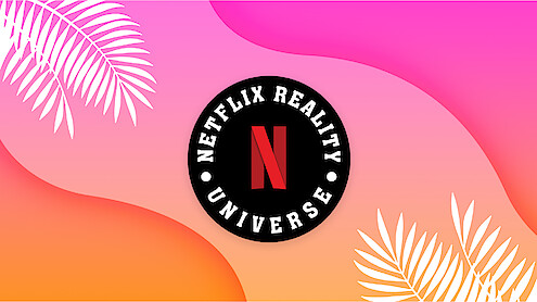 Graphic with wavy lines in pink and orange with Netflix Reality Universe logo in the center.