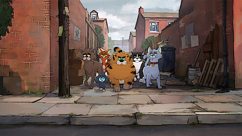 A group of animated cats stands together in a narrow city alleyway with brick walls, trash bins, and scattered debris, giving the scene an urban, slightly rundown feel.