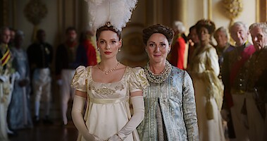 Hannah Dodd as Francesca Bridgerton and Ruth Gemmell as Lady Bridgerton stand together in Season 3 of 'Bridgerton'