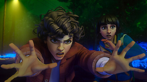 Two animated characters in a forest at night, one with curly hair reaching forward intensely while the other looks surprised and worried, illuminated by green and yellow light with blue glowing effects in the background.