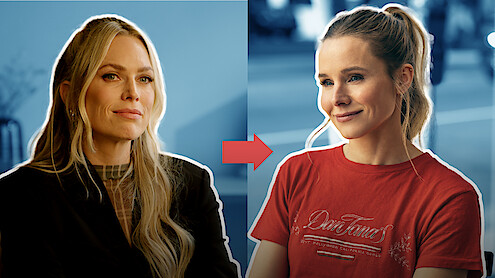 Erin Foster and Kristen Bell in a split screen