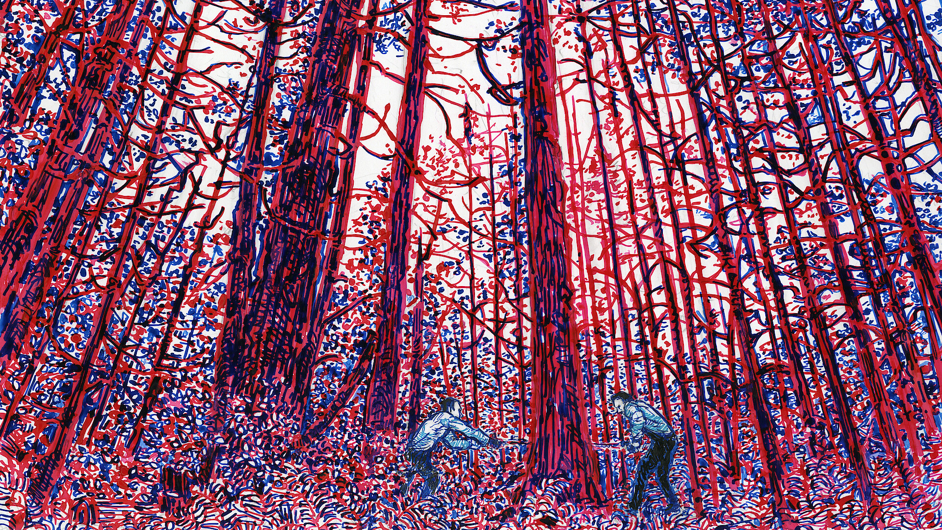 An illustration of two men cutting down a tree.