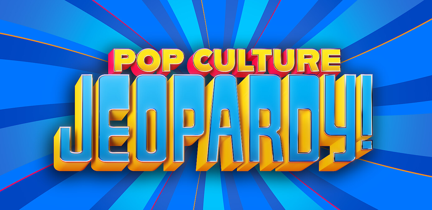 Pop Culture Jeopardy colorful logo with bold 3D yellow and blue text on a dynamic, radial blue background with light beams, resembling a game show title screen.
