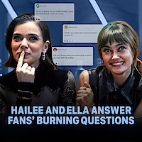 Haille Steinfeld and Ella Purnell with "Hailee and Ella Answer Fans' Burning Questions" title