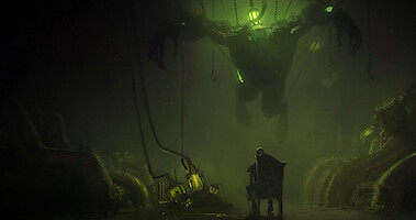 A view of a large monster hovering over a subject in a chair in 'Arcane'.
