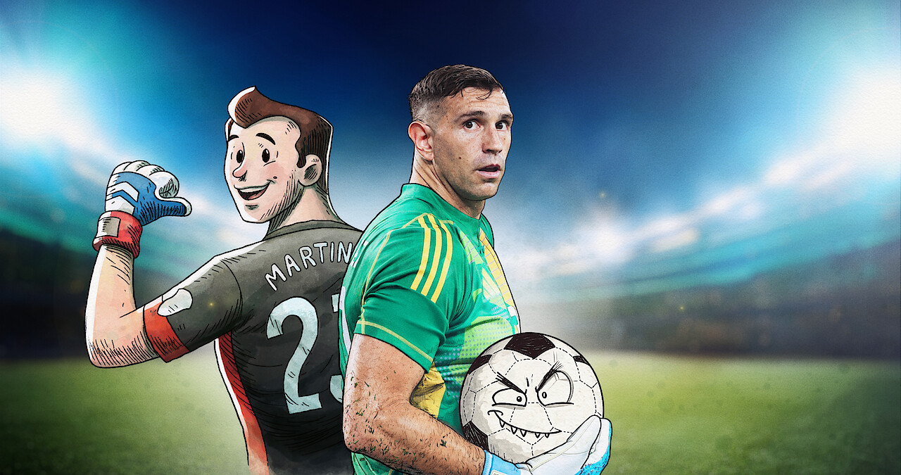 A soccer goalie in green kit stands on a brightly lit stadium field, holding a soccer ball with a cartoon face. Beside him is a cartoon version of himself, smiling and giving a thumbs up, creating a dynamic, energetic scene.