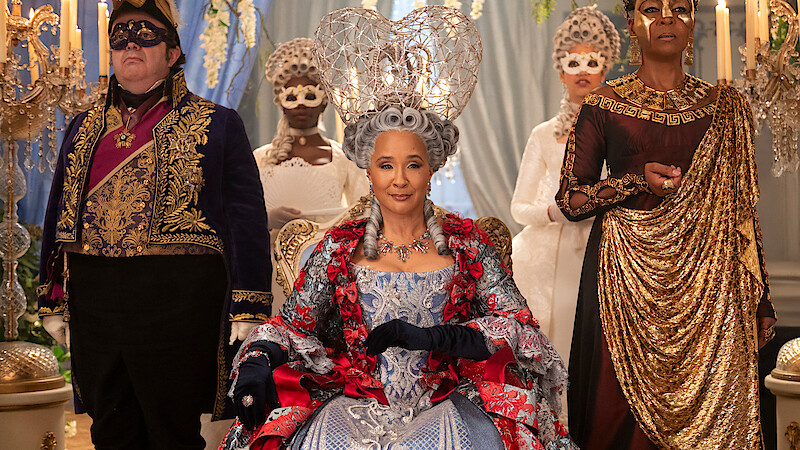 Hugh Sachs as Brimsley, Golda Rosheuvel as Queen Charlotte and Adjoa Andoh as Lady Danbury in 'Bridgerton' Season 4.