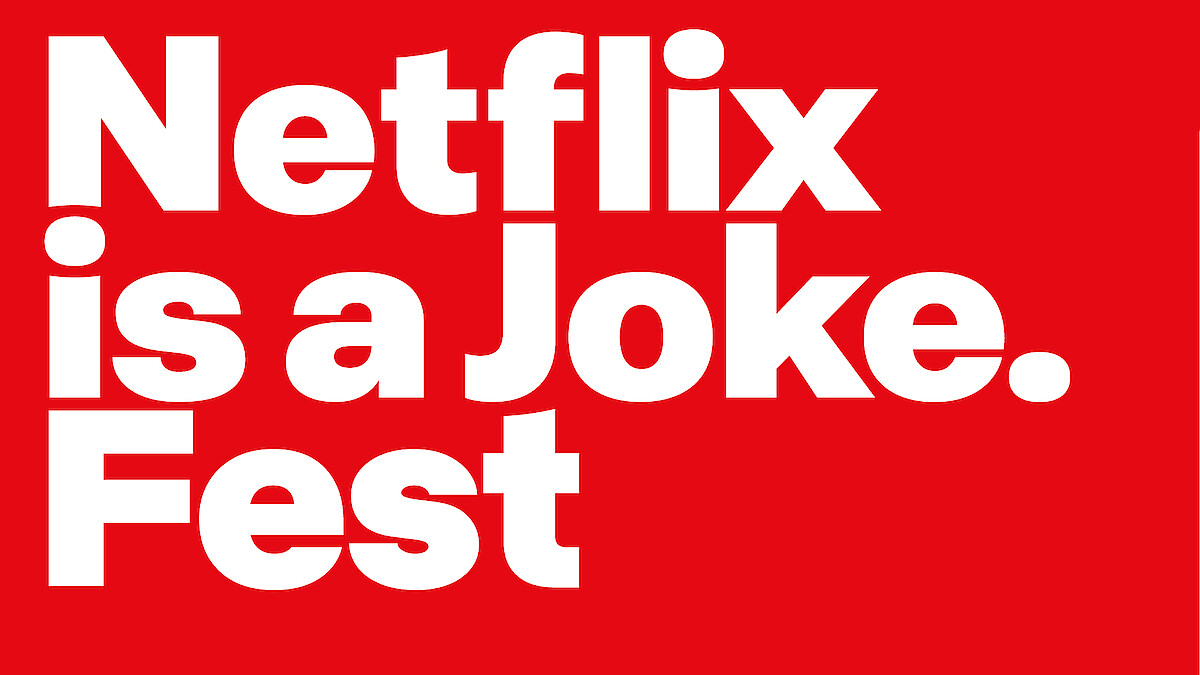 Bold white text "Netflix is a Joke. Fest" on a bright red background, promoting a Netflix comedy festival event.