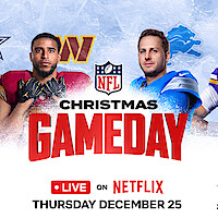 Two football players in NFL uniforms are featured on a snowy background with NFL Gameday branding, team logos, and details for upcoming Cowboys vs. Lions and Commanders vs. Vikings games on December 25, aired on Netflix.