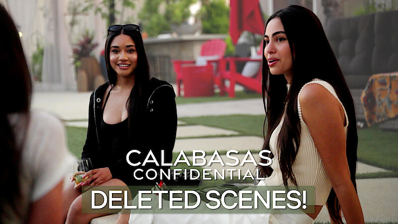 two women sitting at the edge of the pool looking like they are sharing secrets, "Calabasas Confidential" Deleted Scenes written in text