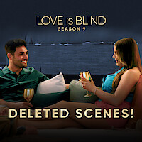 Joe and Madison sit on a couch with drinks, chatting in a cozy, modern room. The mood is relaxed and intimate. "Love is Blind Season 9 Deleted Scenes" text is overlaid on the image.