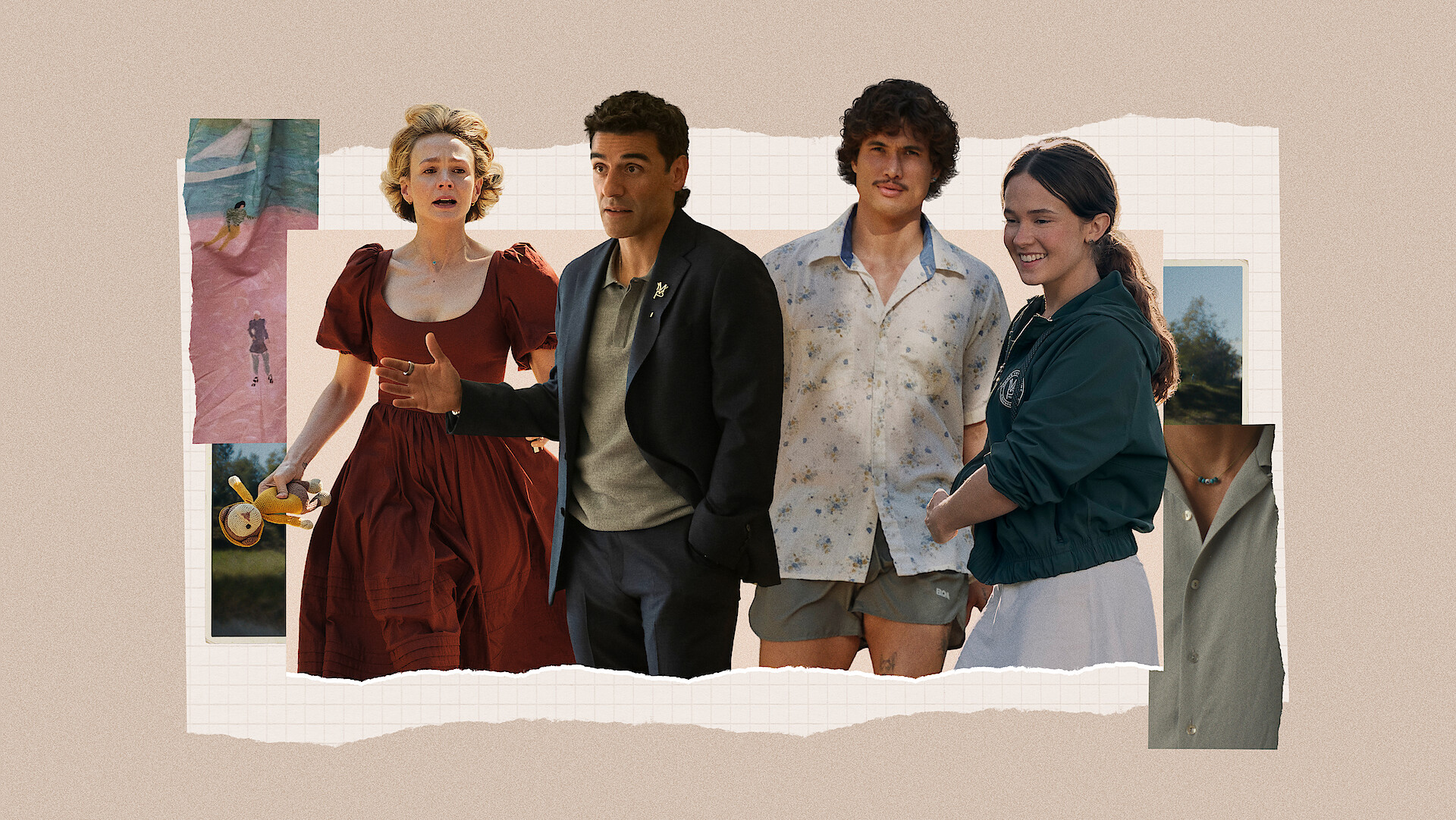 Four people stand side by side against a collage background. One woman wears a red dress, a man wears a blazer, another man is in a casual shirt and shorts, and the fourth person is in a green hoodie, all appearing in a casual, outdoor setting.