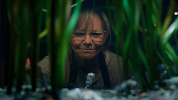 Sally Field as Tova wearing glasses looking into an aquarium tank, viewed through tall green aquatic plants and aquarium decorations, with a focused expression in a dim indoor setting.