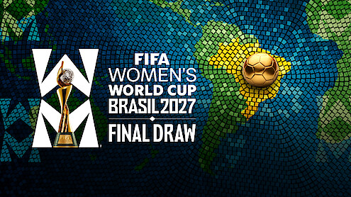 FIFA Women’s World Cup Brasil 2027 Final Draw graphic with tournament trophy, mosaic-style map showing Brazil highlighted, and a golden soccer ball over South America.