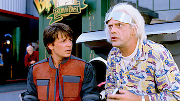 Michael J. Fox as Marty McFly and Christopher Lloyd as Doc Brown in 'Back to the Future'.