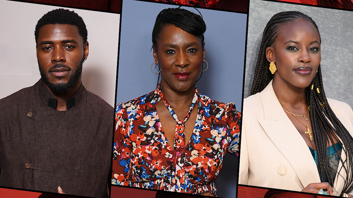 Three people are featured in separate panels, posing for the camera against neutral and patterned backgrounds, dressed in stylish, formal outfits.