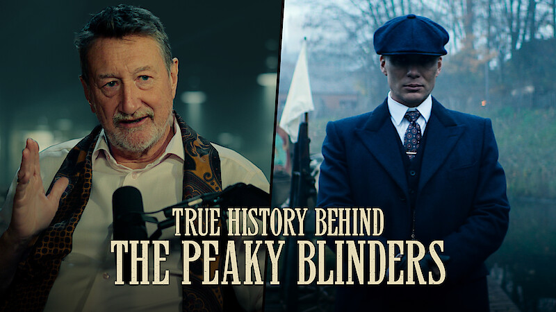 Steven Knight telling a story sharing the screen with an image of Tommy Shelby from the show Peaky Blinders