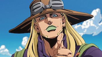 Anime character with long blond hair, a wide-brimmed hat, and goggles pointing forward, standing outdoors under a blue sky with scattered clouds.