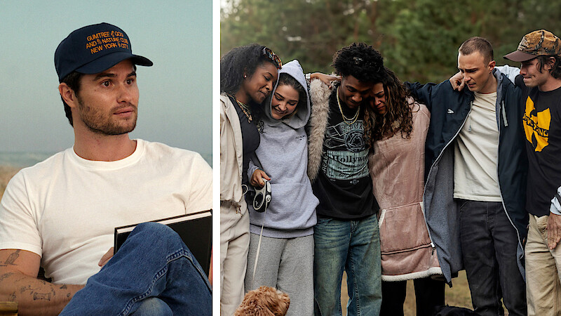 Final Day: Chase Stokes next to image of 6 cast members hugging
