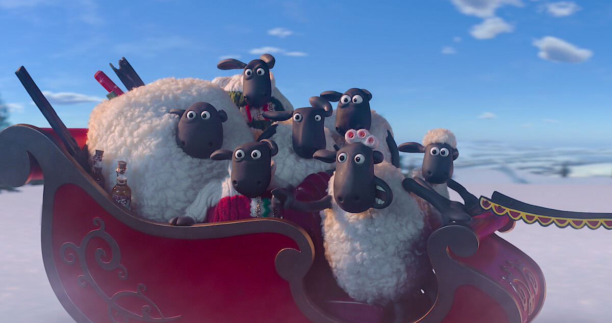 The whole flock is riding away in Santa's sleigh