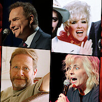 Collage of four comedians: one man in a suit performing on stage, one blonde woman laughing in a vintage photo, one man with glasses seated indoors, and one woman with blonde hair speaking animatedly into a microphone on stage.
