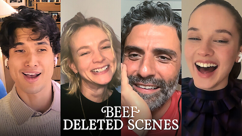 Charles Melton, Carey Mulligan, Oscar Isaac, Cailee Spaeny smiling and laughing in a video call, indoors with neutral backgrounds, each in their own setting. Text overlay reads "BEEF DELETED SCENES.