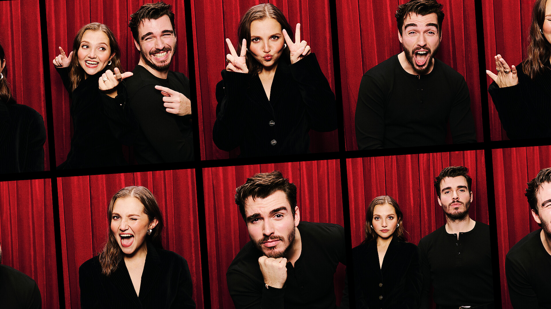 Mia McKenna-Bruce and Corey Mylchreest in a photobooth