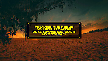 Text box with "Rewatch the Pogue Awards from the Outer Banks Season 5 live stream" over a sandy beach at sunset, trees and dark foliage in the background, creating a dramatic and scenic environment.