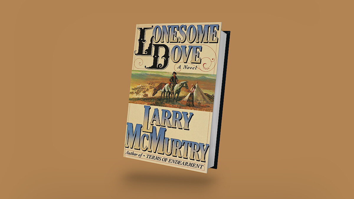 Book cover of "Lonesome Dove" by Larry McMurtry, featuring two cowboys riding horses across a western landscape, with a sepia-toned background. The book is floating and angled against a plain brown backdrop.