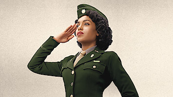 Kerry Washington reports for duty in a green uniform and hat.