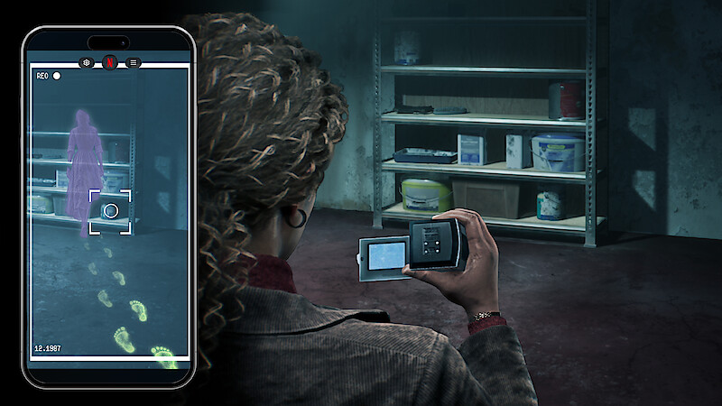 A person in a dark storage room uses a camera and phone to capture evidence, revealing ghostly footprints and a purple apparition on their screen near shelves with paint cans and cleaning supplies.