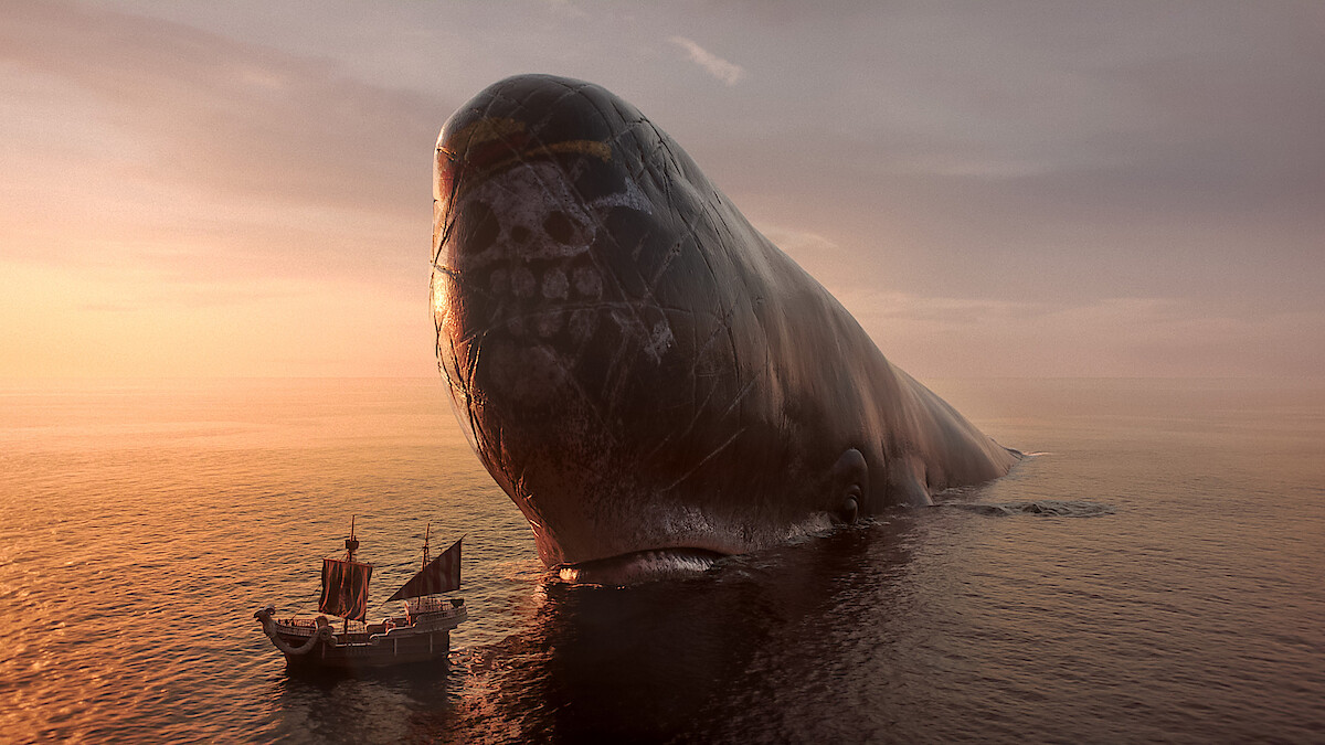 A giant whale with a skull and crossbones marking on its head rises from the ocean beside a small pirate ship at sunset, with calm waters and a dramatic sky in the background.