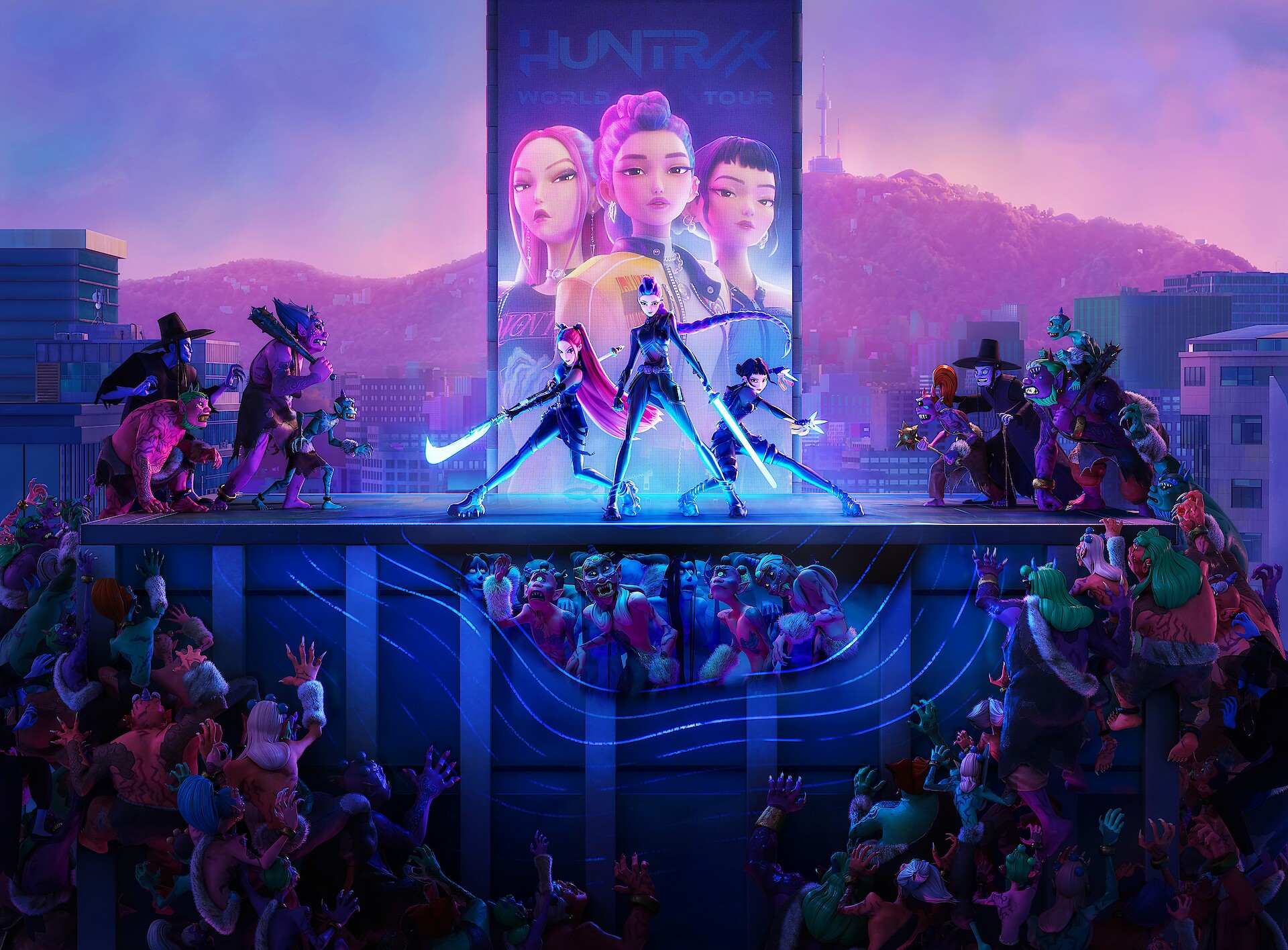 KPop Demon Hunters - The demon hunters on stage holding weapons