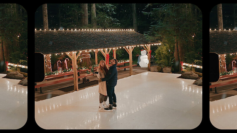 Martin Henderson as Jack Sheridan and Alexandra Breckenridge as Mel Monroe embrace each other on an ice-skating rink in 'Virgin River.'