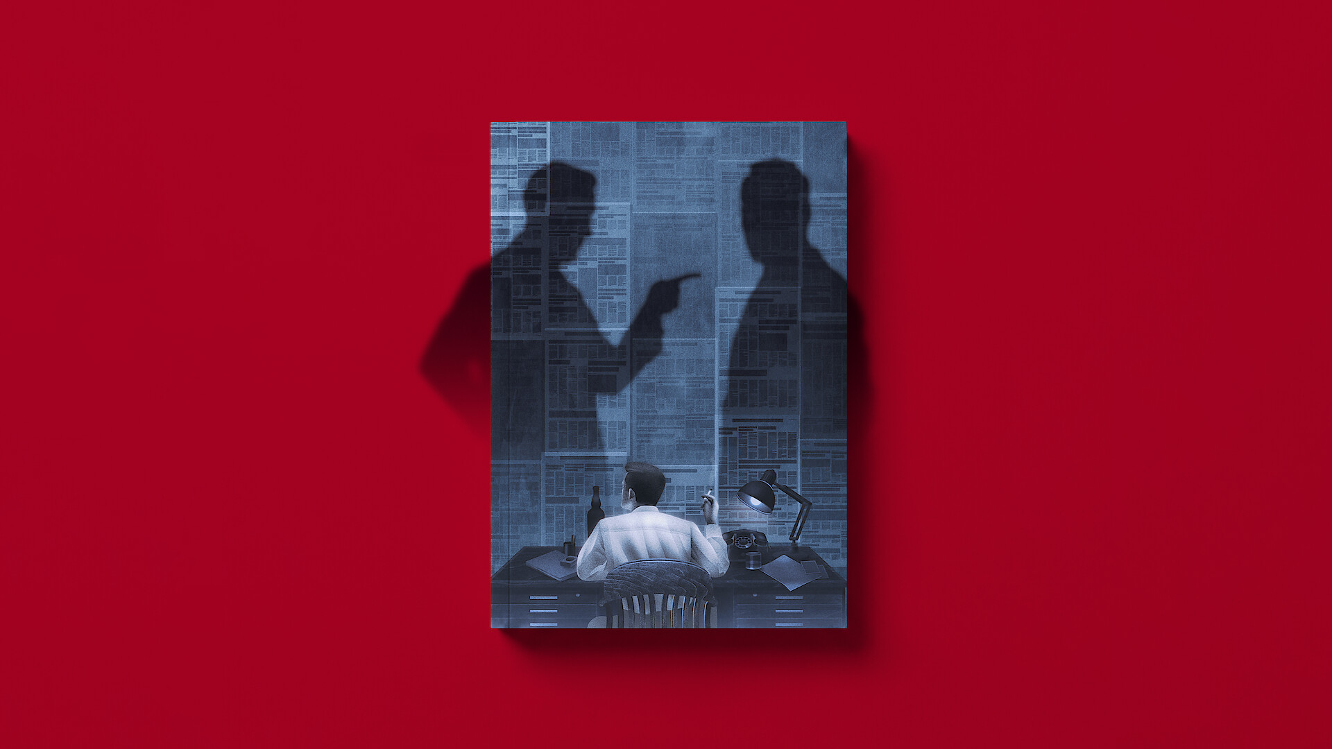 An illustrated faux book cover with a person sits at a desk in a dimly lit room, facing a wall covered in newspaper articles, with two large shadows of people looming behind, one pointing accusingly. The book sits on a red background.