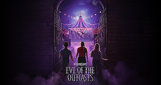 Three people enter a dark, mysterious carnival through open gates under purple lights and fog, approaching a big top tent. The mood is eerie and adventurous, with a sense of curiosity and anticipation. Title: "Eve of the Outcasts."