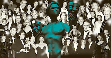 Collage of black and white archival photos of actors from the inaugural Screen Actors Guild Awards.
