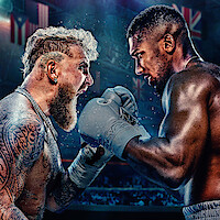 Jake Paul and Anthony Joshua face off shirtless in a dramatic, intense promotional poster with their country flags in the background