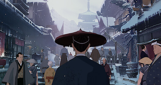 Samurai walking in Kyoto, Japan in 'Blue Eye Samurai.'