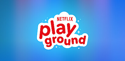 Netflix Playground logo with playful red and white text, cloud shape, and small sparkles, set against a smooth blue gradient background.