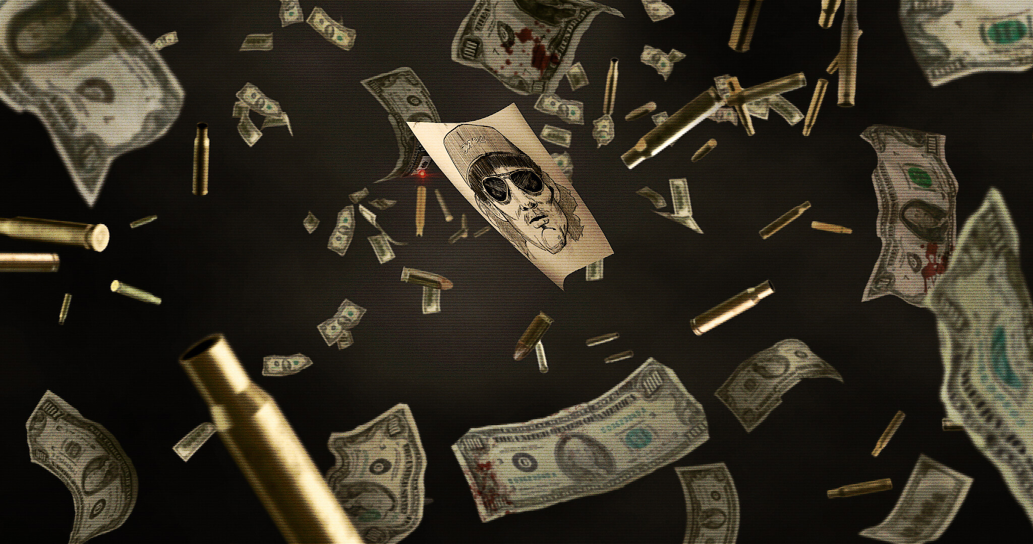 How to Rob a Bank key art - falling money among mugshots and bullet casings