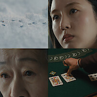 Closeup of snow with small objects, a young woman's face, an elderly woman's face, and a hand at a poker table showing two playing cards; varied emotions and intense focus in a gambling or casino setting.