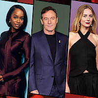Three adults pose for portraits in formal attire against colored backgrounds, each in their own vertical panel. The left person wears a dark dress, the center person wears a suit, and the right person wears a black halter top and trousers.
