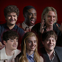 Gaten Matarazzo, Caleb McLaughlin, Jamie Campbell Bower, Noah Schnapp, Natalia Dyer, and Charlie Heaton behind the scenes of 'Stranger Things 5' 