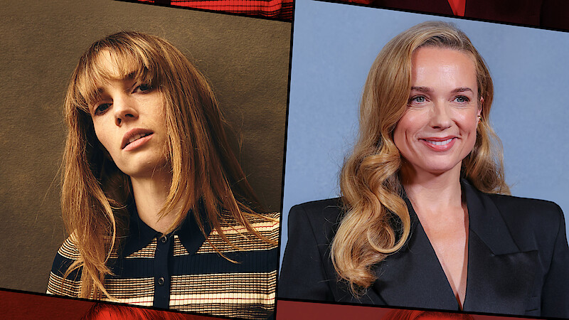 Two women are featured side by side. The left woman has straight, light brown hair, bangs, and wears a striped shirt against a plain background. The right woman has long, wavy blonde hair and wears a dark blazer, standing before a blue backdrop.