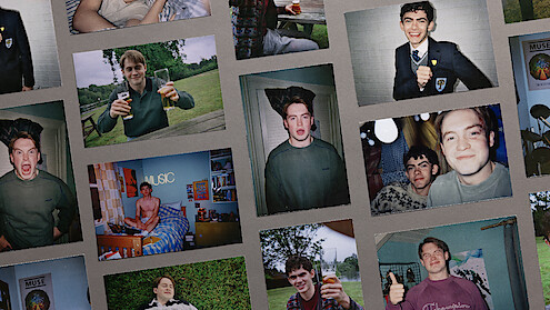 Grid of disposable camera prints of Joe Locke and Kit Connor from Heartstopper Forever