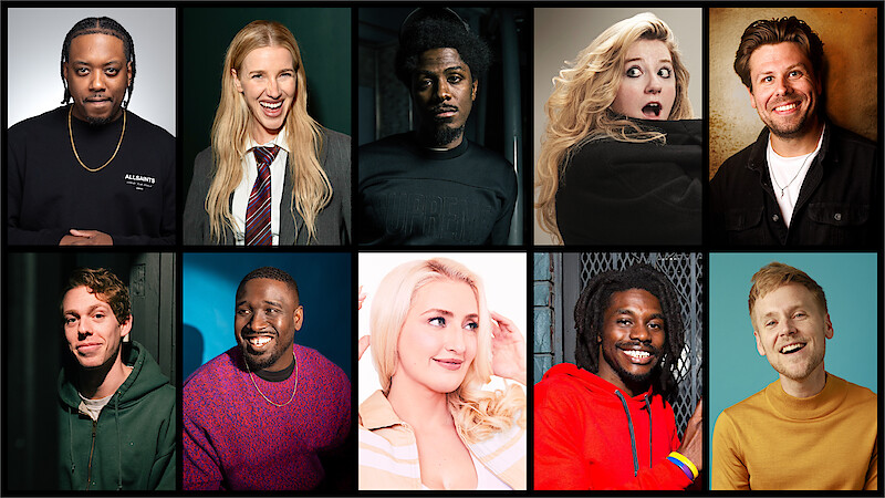 Ten people, each in their own square, pose for headshots with varied expressions and colorful casual clothing against simple or blurred backgrounds, arranged in a grid pattern.