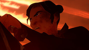Animated person with intense expression holding a weapon, face smeared with dirt or blood, set against a dramatic, fiery orange sky, suggesting a tense or action-filled moment.